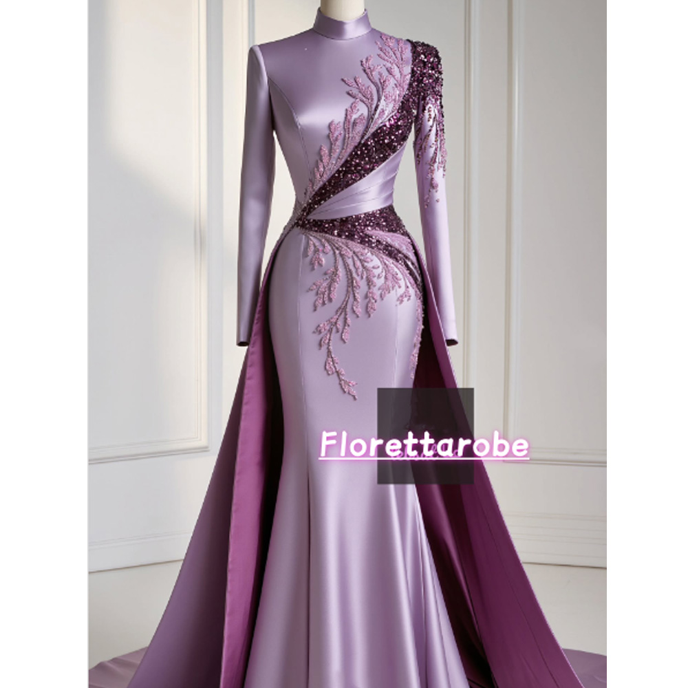 Applique Patch Flower - Florettarobe Wykwintna Fioletowa Satynowa Sukienka Midi